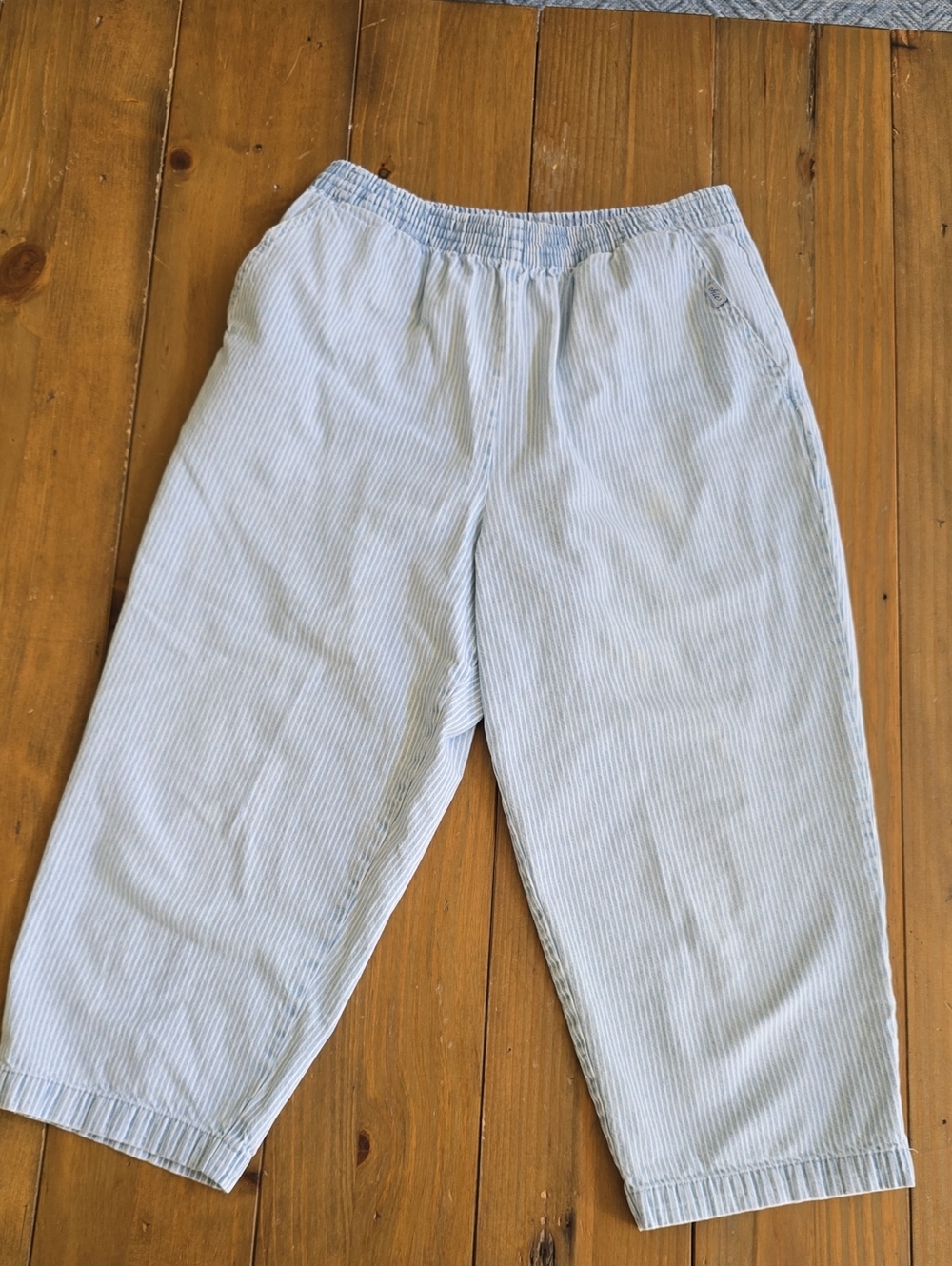 Chic - Light Blue Striped Cotton Elastic-Waist Pants